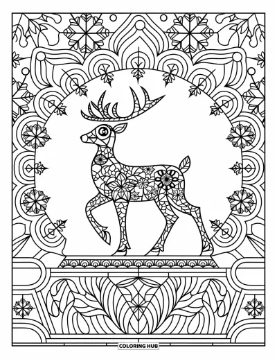 Coloriage de rennes pour adultes : Un renne vitrail se tient sur une neige à motifs entourée de flocons floraux