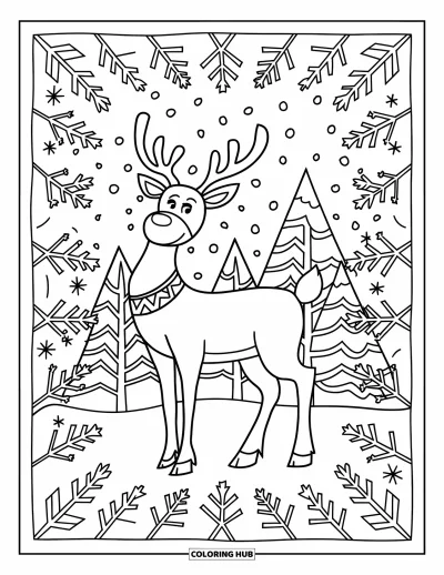Coloriage de rennes pour adultes : Scène forestière symétrique avec un renne, des flocons et des branches d'inspiration nordique