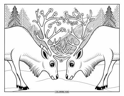 Coloriage de rennes pour adultes : Deux rennes se font face avec des bois floraux dans une paisible forêt hivernale