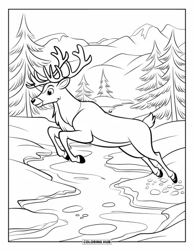 Coloriage de rennes pour enfants : Un renne bondissant traverse un ruisseau glacé près de sapins couverts de neige et de collines