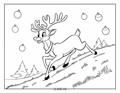 Coloriage de rennes pour enfants : Un renne au nez rouge dévale une colline en poursuivant des boules flottantes