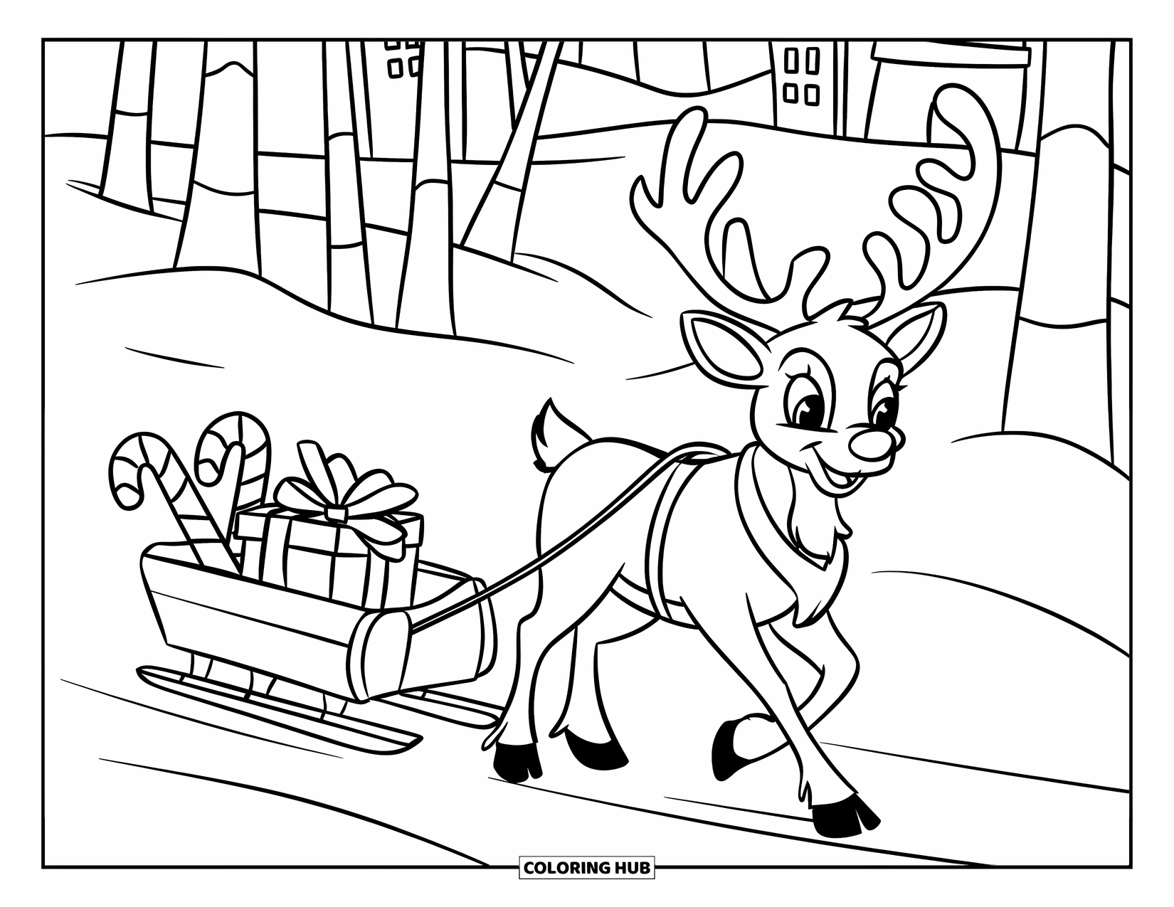 Reindeer Coloring Page for Kids: A red-nosed reindeer pulls a sled full of goodies past snowy trees and buildings