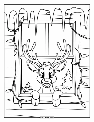 Coloriage de rennes pour enfants : Un renne regarde à travers une fenêtre givrée avec des guirlandes lumineuses et des arbres enneigés