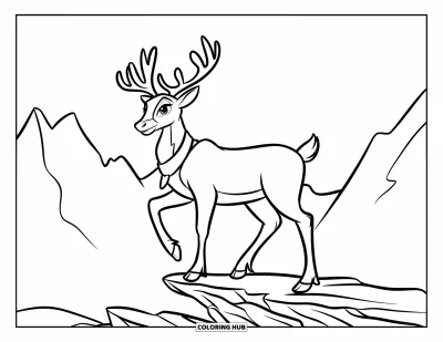 Coloriage de rennes pour enfants : Un renne pose sur une falaise rocheuse avec des montagnes lointaines en arrière-plan