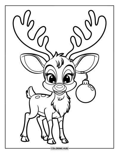 Coloriage de rennes pour enfants : Un renne aux grandes oreilles avec une boule balance ses bois au-dessus du paysage enneigé