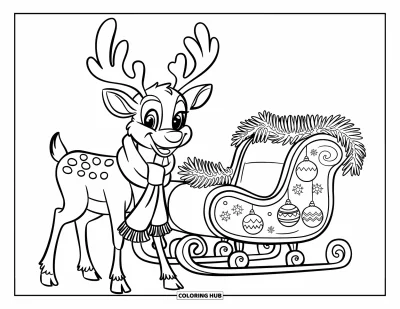 Coloriage de rennes pour enfants : Un renne joyeux avec une écharpe se tient à côté du traîneau du Père Noël dans un jardin enneigé