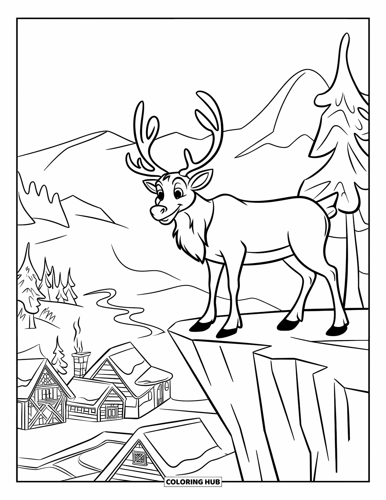Reindeer Coloring Page for Kids: Cliffside reindeer overlooks a snowy village with tall trees and mountains