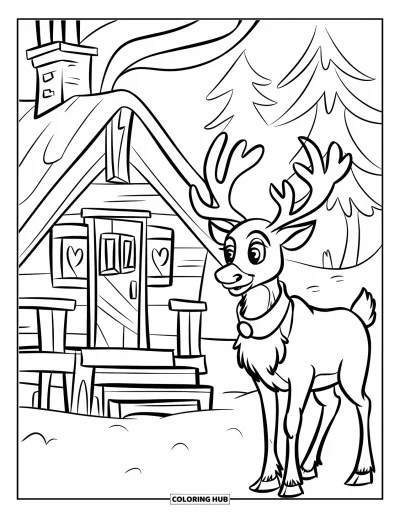 Coloriage de rennes pour enfants : Scène de chalet douillet avec un renne et des arbres dans un cadre hivernal paisible