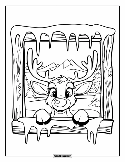 Coloriage de rennes pour enfants : Scène hivernale chaleureuse avec un renne qui regarde par une fenêtre ornée de glaçons