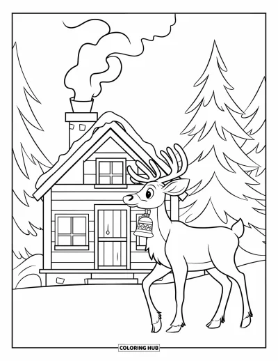 Coloriage de rennes pour enfants : Un renne tout doux se tient près d'un chalet sur un sentier forestier enneigé
