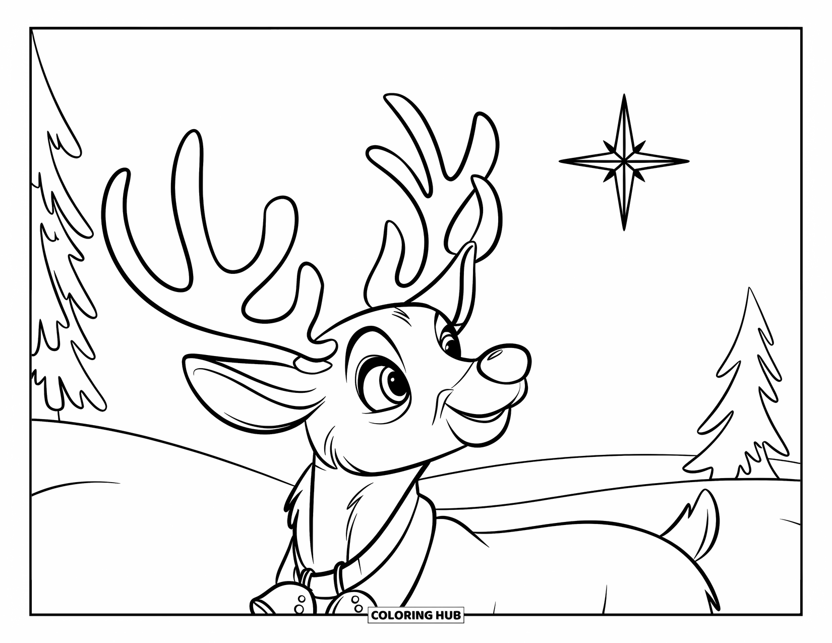 Reindeer Coloring Page for Kids: Curious reindeer looks up at the North Star in a quiet snowy field