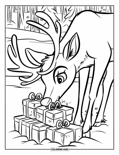 Coloriage de rennes pour enfants : Un renne curieux renifle de beaux cadeaux empilés dans la neige sous des arbres enneigés