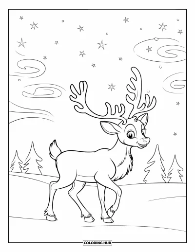 Coloriage de rennes pour enfants : Un renne curieux se promène sous un ciel étoilé et des nuages tourbillonnants près d'arbres enneigés
