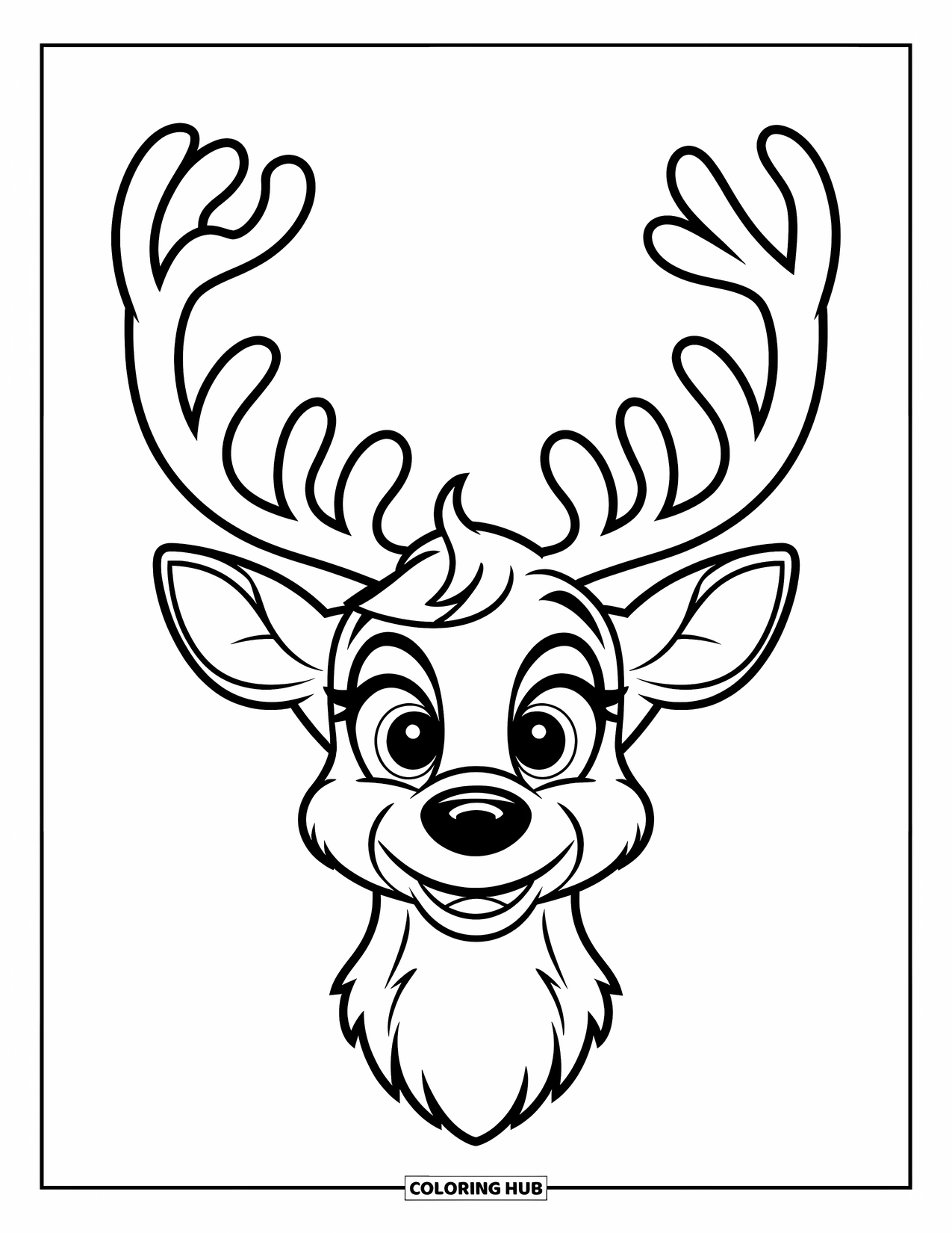 Reindeer Coloring Page for Kids: Cute reindeer head with oversized antlers and a cheerful smile