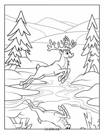 Coloriage de rennes pour enfants : Un renne dynamique saute par-dessus un ruisseau glacé avec des sapins et de douces collines derrière