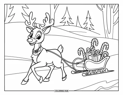 Coloriage de rennes pour enfants : Un renne festif tire un traîneau décoré sur des collines enneigées parmi des sapins