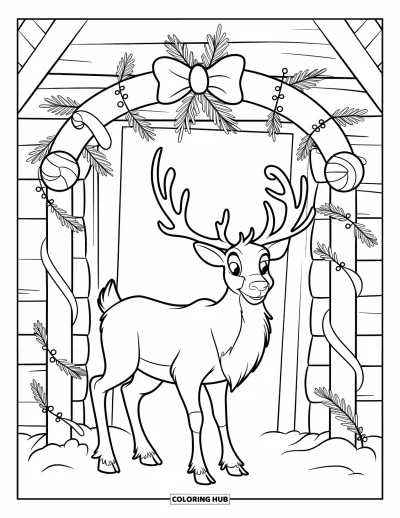 Coloriage de rennes pour enfants : Un renne festif se tient sous une arche de canne en sucre d'orge décorée près d'un chalet douillet