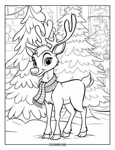 Coloriage de rennes pour enfants : Un renne festif avec une écharpe se tient près d'arbres ornés de décorations et de branches enneigées