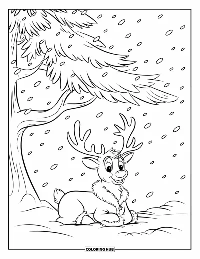 Coloriage de rennes pour enfants : Un renne duveteux est assis sous un sapin enneigé dans un paisible décor hivernal
