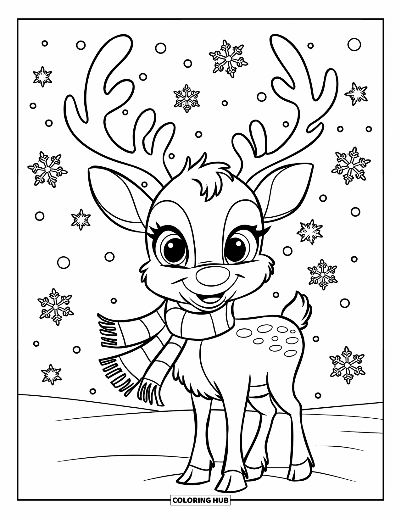Reindeer Coloring Page for Kids: Friendly reindeer in a scarf enjoys snowflakes in a snowy landscape