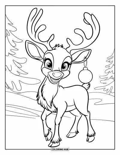 Coloriage de rennes pour enfants : Un renne rigolo aux grandes oreilles et une boule se tient dans la neige