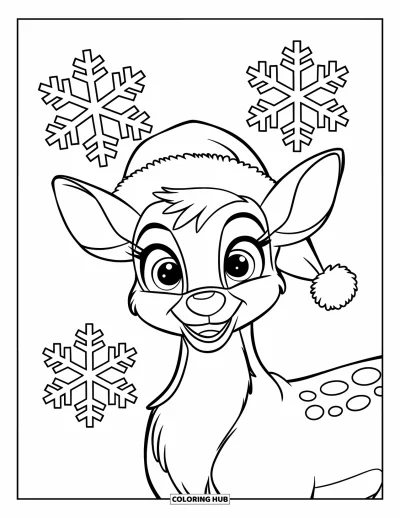 Coloriage de rennes pour enfants : Un renne joyeux avec un bonnet d'hiver entouré de flocons de neige