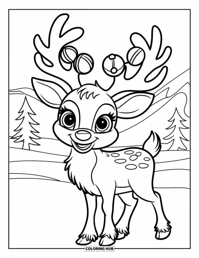 Coloriage de rennes pour enfants : Un renne au nez rouge avec des grelots se tient dans une forêt enneigée