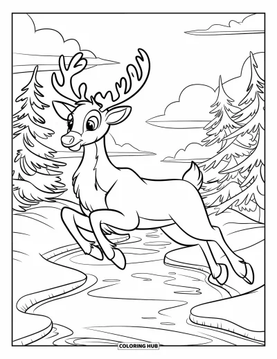 Coloriage de rennes pour enfants : Un renne joyeux saute par-dessus un ruisseau gelé reflétant des arbres enneigés et un soleil couchant