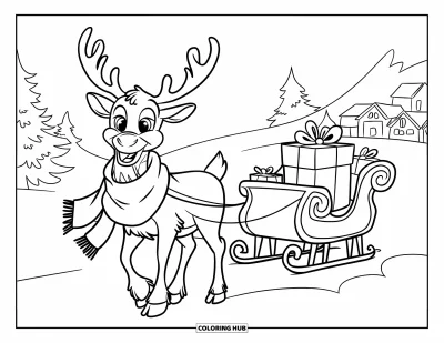 Coloriage de rennes pour enfants : Un renne joyeux avec une écharpe et un traîneau se tient près d'arbres enneigés et d'un village