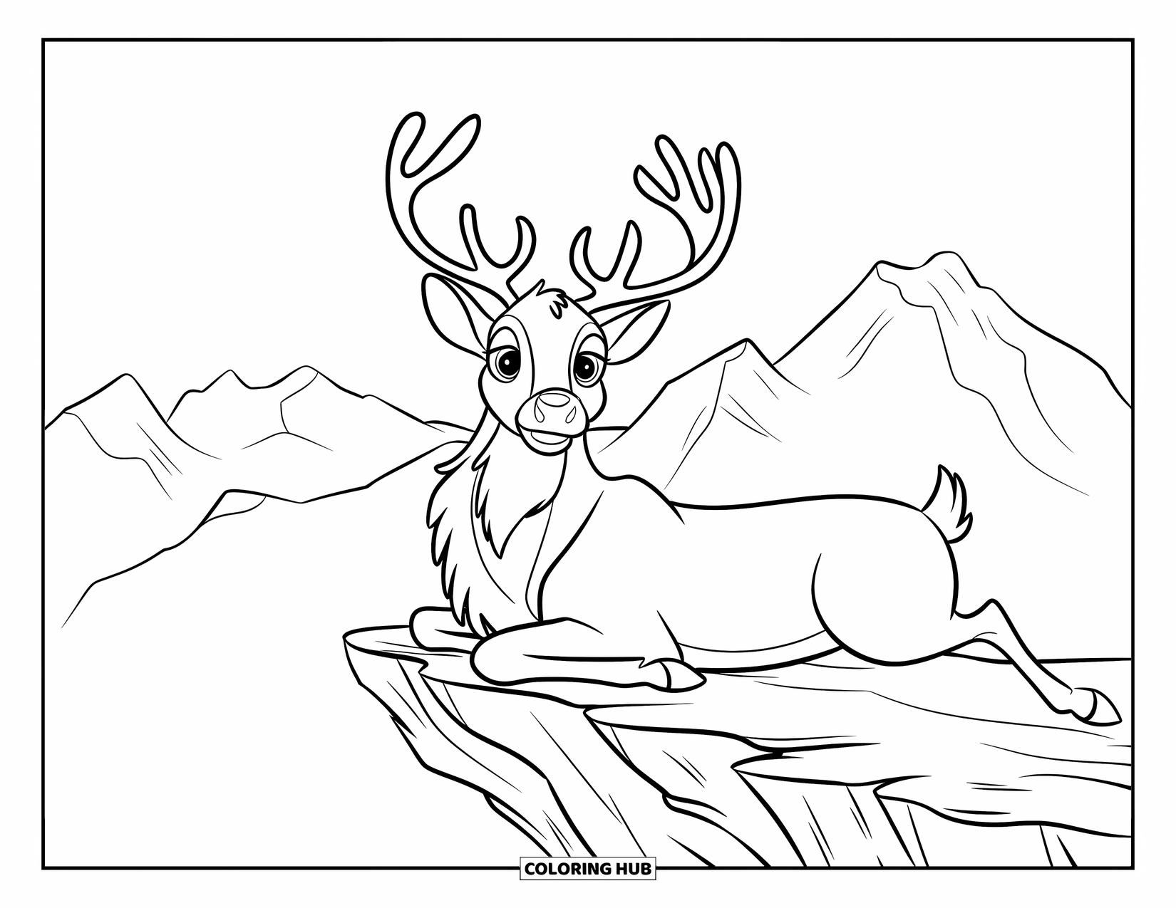 Reindeer Coloring Page for Kids: Majestic reindeer with big eyes stands on a rocky ledge beneath mountain views