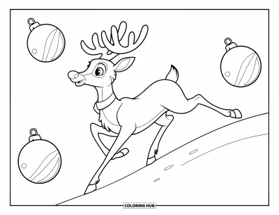 Coloriage de rennes pour enfants : Un renne espiègle chasse des boules brillantes en montant une colline enneigée