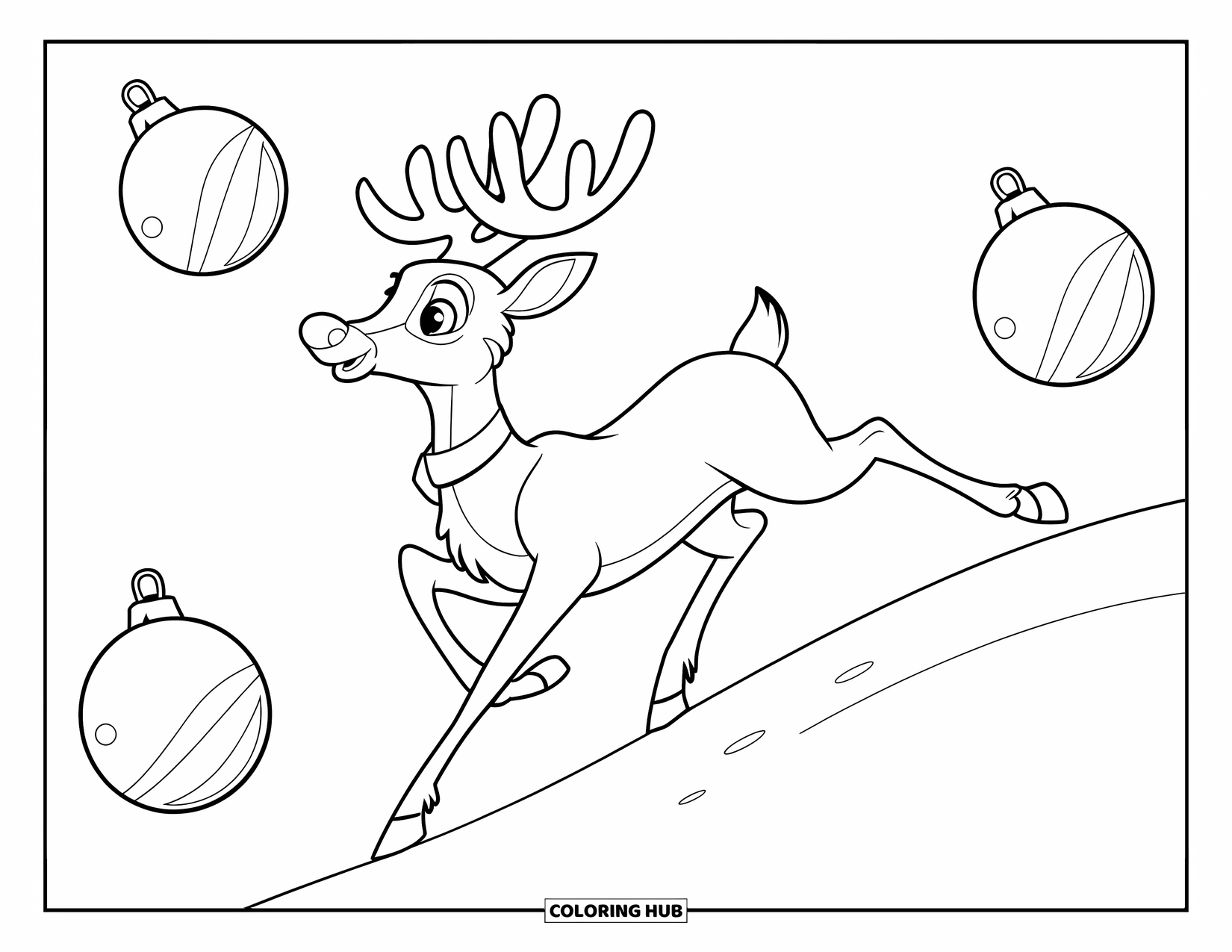 Reindeer Coloring Page for Kids: Playful reindeer chases shiny ornaments up a snowy hill
