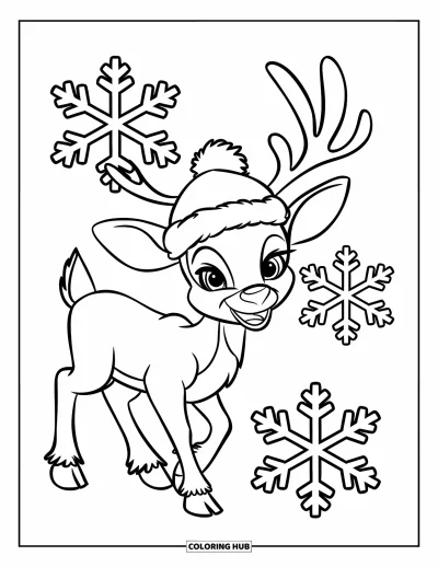 Coloriage de rennes pour enfants : Un renne espiègle avec un bonnet d'hiver entouré de gros flocons de neige