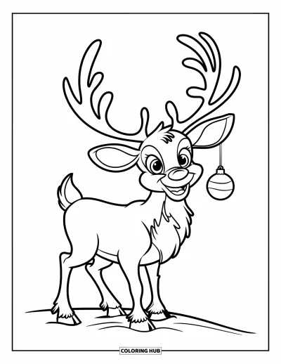 Coloriage de rennes pour enfants : Un renne espiègle avec une boule et de grandes oreilles se tient seul dans la neige