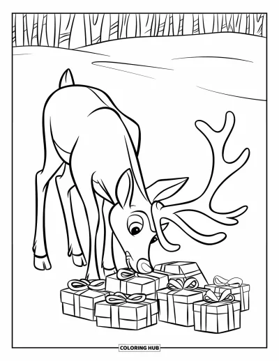 Coloriage de rennes pour enfants : Un renne espiègle aux grands bois examine des cadeaux enneigés ornés de rubans