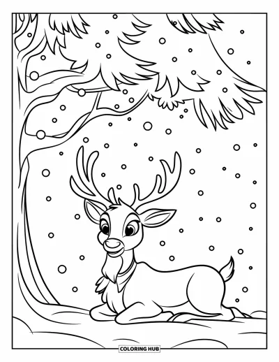 Coloriage de rennes pour enfants : Un renne au nez rouge est assis sous un arbre enneigé avec des étoiles au-dessus