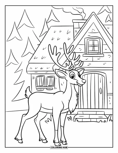 Coloriage de rennes pour enfants : Un renne au nez rouge se tient à côté d'un chalet enneigé avec de la fumée sortant de la cheminée