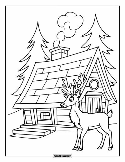 Coloriage de rennes pour enfants : Un renne et de la fumée de cheminée s'élèvent près d'un chalet douillet entouré d'arbres enneigés