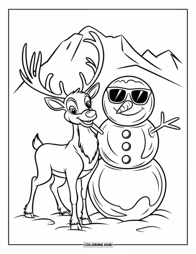 Coloriage de rennes pour enfants : Un renne et un bonhomme de neige posent dans un paysage montagneux enneigé