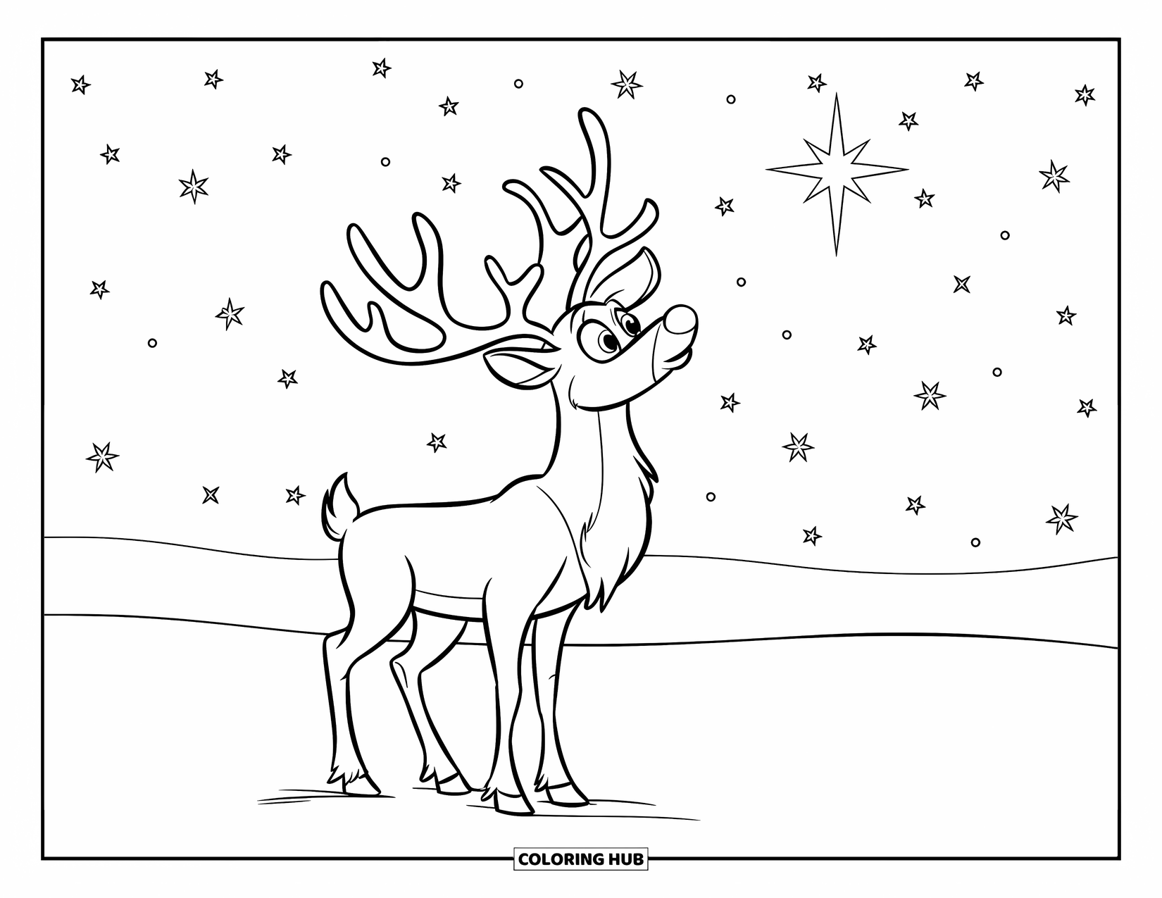 Reindeer Coloring Page for Kids: Reindeer gazes at the North Star under a peaceful, snowy night sky