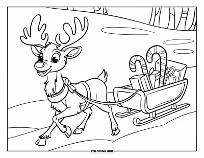 Coloriage de rennes pour enfants : Un renne tire un traîneau festif chargé de cadeaux et de cannes en sucre d'orge dans une forêt enneigée