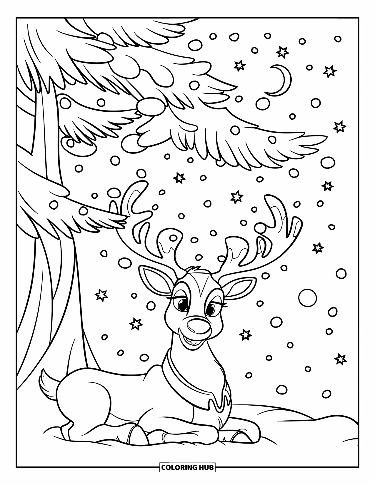 Reindeer Coloring Page for Kids: Reindeer in a red suit sits under a pine tree with pinecones and stars