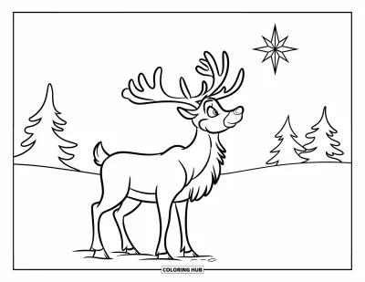 Coloriage de rennes pour enfants : Un renne dans un champ enneigé lève les yeux vers l'étoile polaire brillante
