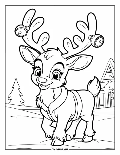Coloriage de rennes pour enfants : Un renne en costume rouge tintinnabule sur la neige avec des arbres alentour
