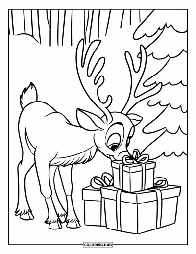 Coloriage de rennes pour enfants : Un renne examine une pile de cadeaux emballés dans une clairière enneigée