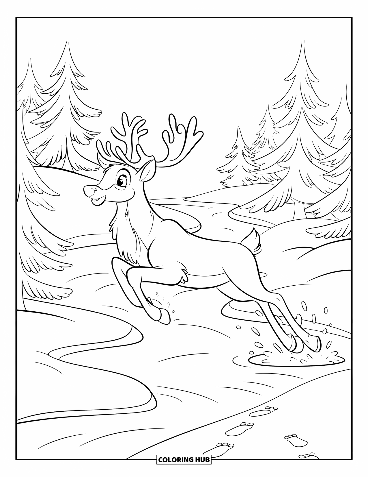 Reindeer Coloring Page for Kids: Reindeer leaps across a frozen stream surrounded by pine trees and snowy ground