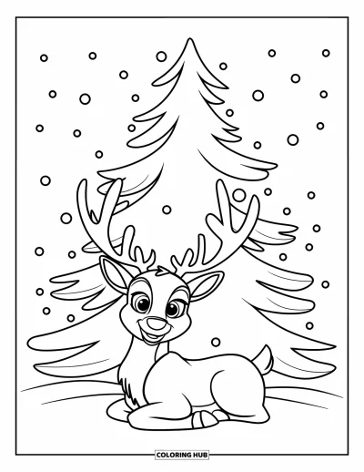 Coloriage de rennes pour enfants : Un renne est assis sous un sapin pendant que des flocons tombent doucement