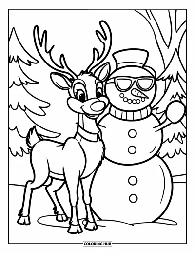 Coloriage de rennes pour enfants : Un renne se tient fièrement à côté d'un bonhomme de neige à lunettes de soleil dans une forêt enneigée
