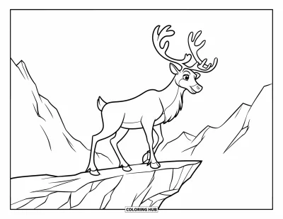 Coloriage de rennes pour enfants : Un renne se tient fièrement sur un rebord rocheux avec des silhouettes de montagnes en arrière-plan