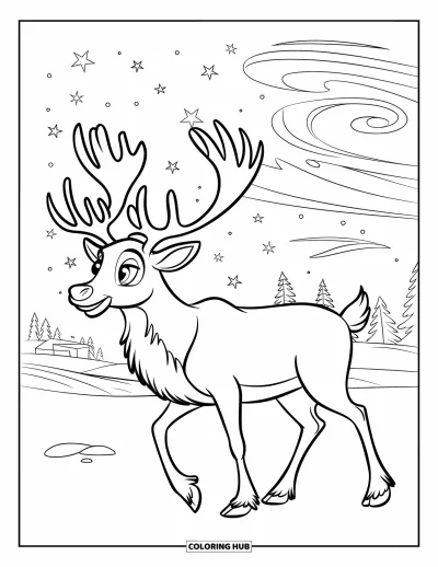Coloriage de rennes pour enfants : Un renne marche sous un ciel étoilé parmi des nuages tourbillonnants chargés de neige